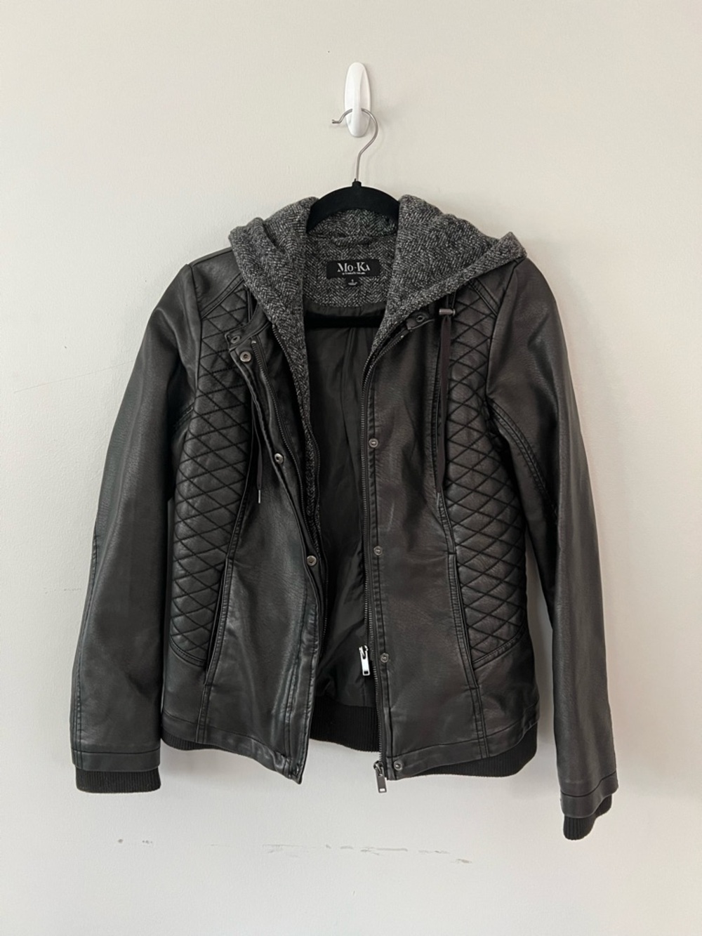 Women’s Black Leather Jacket with Built In Sweatshirt